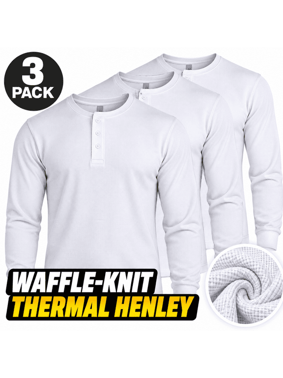 Men's Classic Waffle Knit Medium Weight Thermal 3-Buttons Henley Long Sleeve Tee Shirts Top