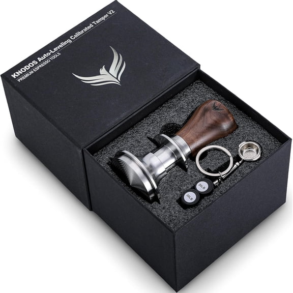 Knodos 54mm Espresso Tamper For Breville Machines Calibrated Tamper Tool Espresso Walnut, Auto-Leveling and 30lb Spring Loaded Design Coffee Tamper With Stainless Steel 53.35mm Ripple Base