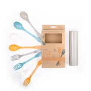 Knork Eco Reusable Bamboo Compostable Plant-Based To Go Ware, Utensil Set 4 forks 4 spoons with Carry Case, Orange Blue White Gray, 9 Piece Set