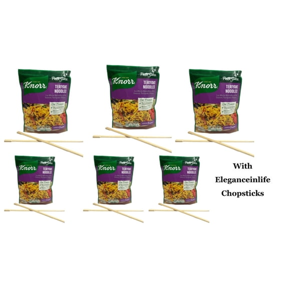 Knorr Asian Sides Teriyaki Noodles 4.6oz Each Cooks in 7 Minutes , 6g Total sugars With Eleganceinlife Wooden Chopsticks Pack of 6