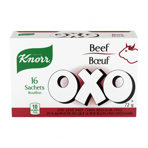 Knorr OXO Beef Bouillon Powder, 25% Less Salt, 16 sachets, 72g/2.5 oz. Box