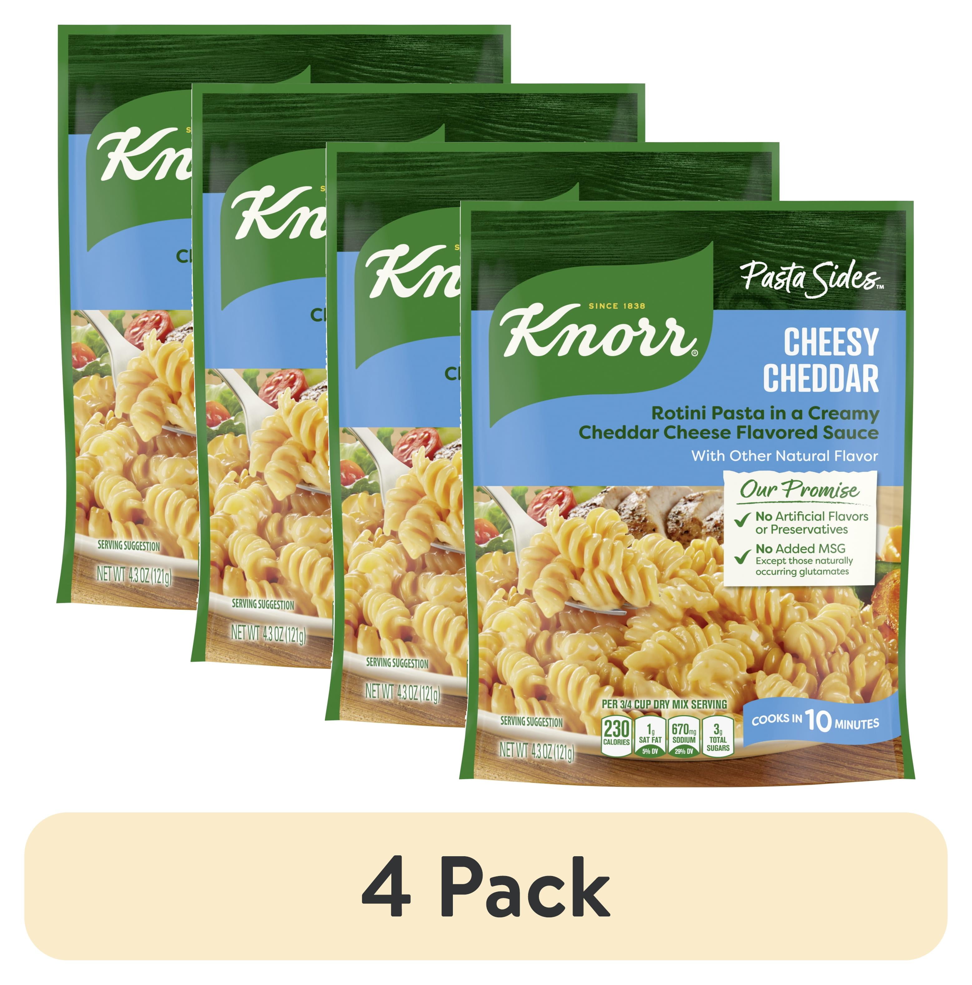(4 pack) Knorr No Artificial Flavors Cheesy Cheddar Rotini Cooks in 10 Minutes, 4.3 oz Regular