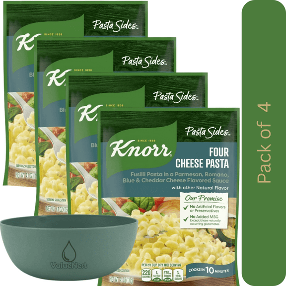 Knorr Pasta Sides Four Cheese Fusilli Pasta, 4.1 oz Pouch, Pack of 4 with Bowl by OMA
