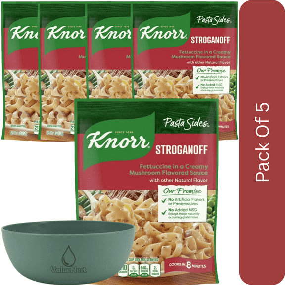 Knorr Pasta Sides Stroganoff Fettuccine, No Artificial Flavors, 4 oz-5pk, With Olive Green Bowl By ValueNest