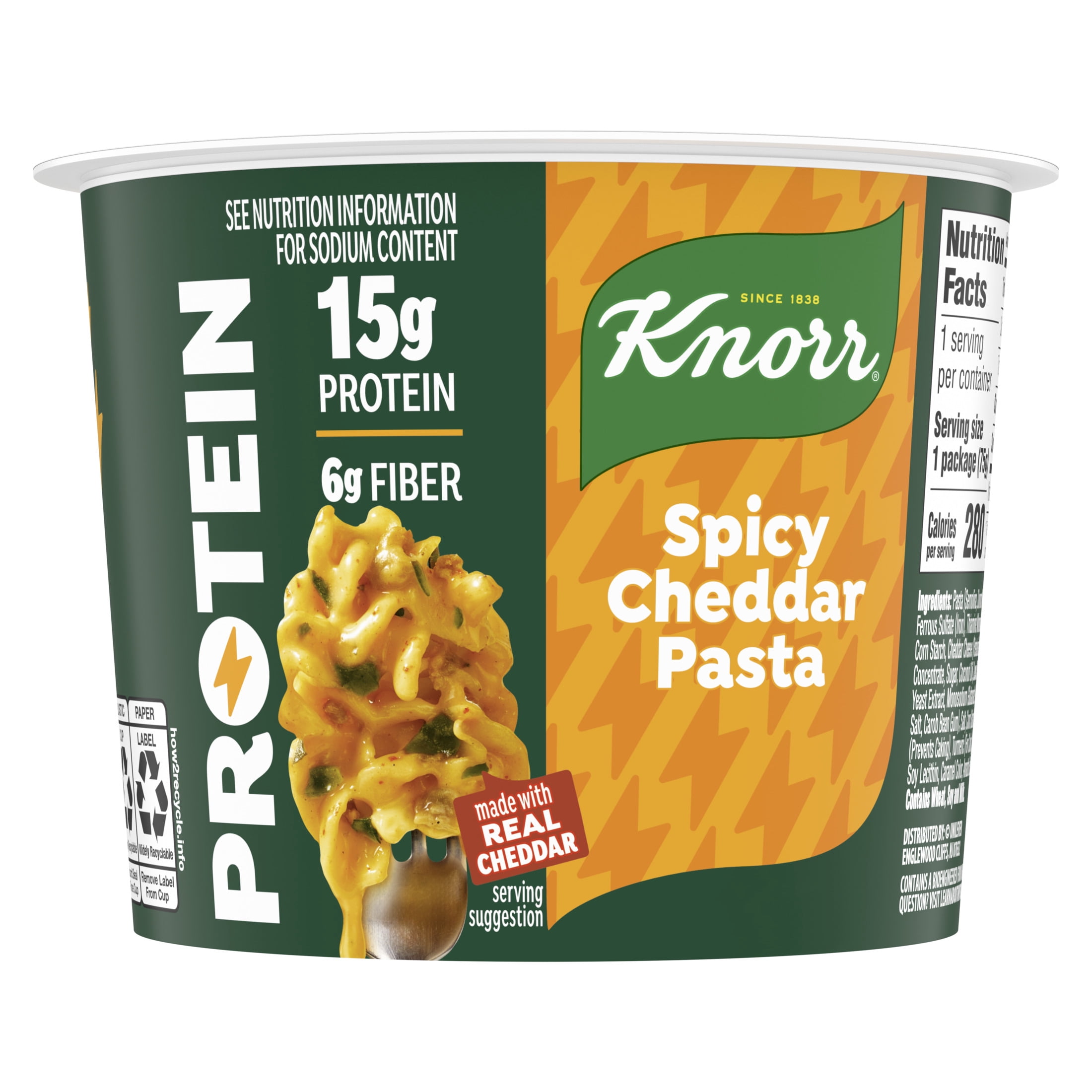 Knorr Protein Cup Spicy Cheddar Pasta, Made with Real Cheddar, 15g of Protein, 2.6oz