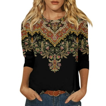 Knosfe 3/4 Length Sleeve Womens Tops Plus Size Floral Print Spring Shirts 2024 Crew Neck Fashion Blouses Business Casual Three Quarter Length Sleeve Clearance Oversized Tee Shirts Yellow L