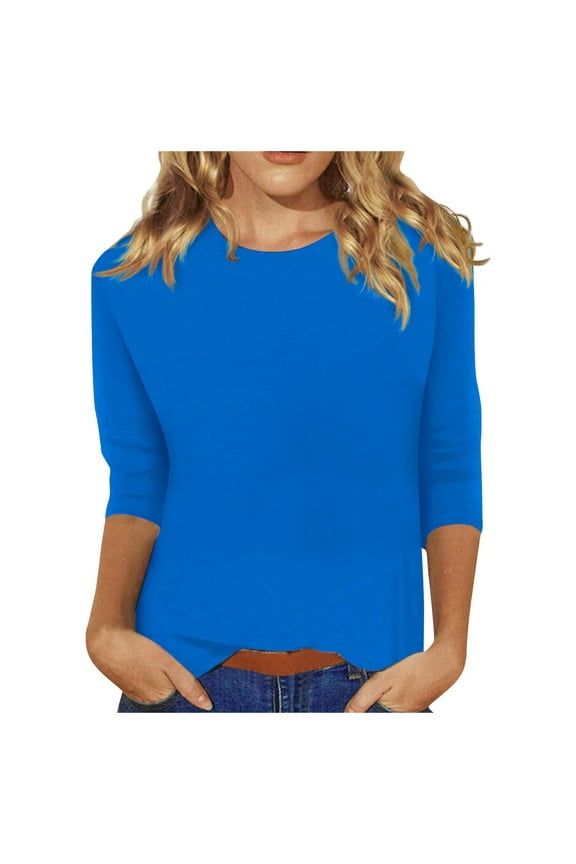 Knosfe 3/4 Length Womens Tops Loose Crew Neck Tee Shirts Womens Solid Color Women's Shirts Elbow Sleeve Tops for Women Blue M