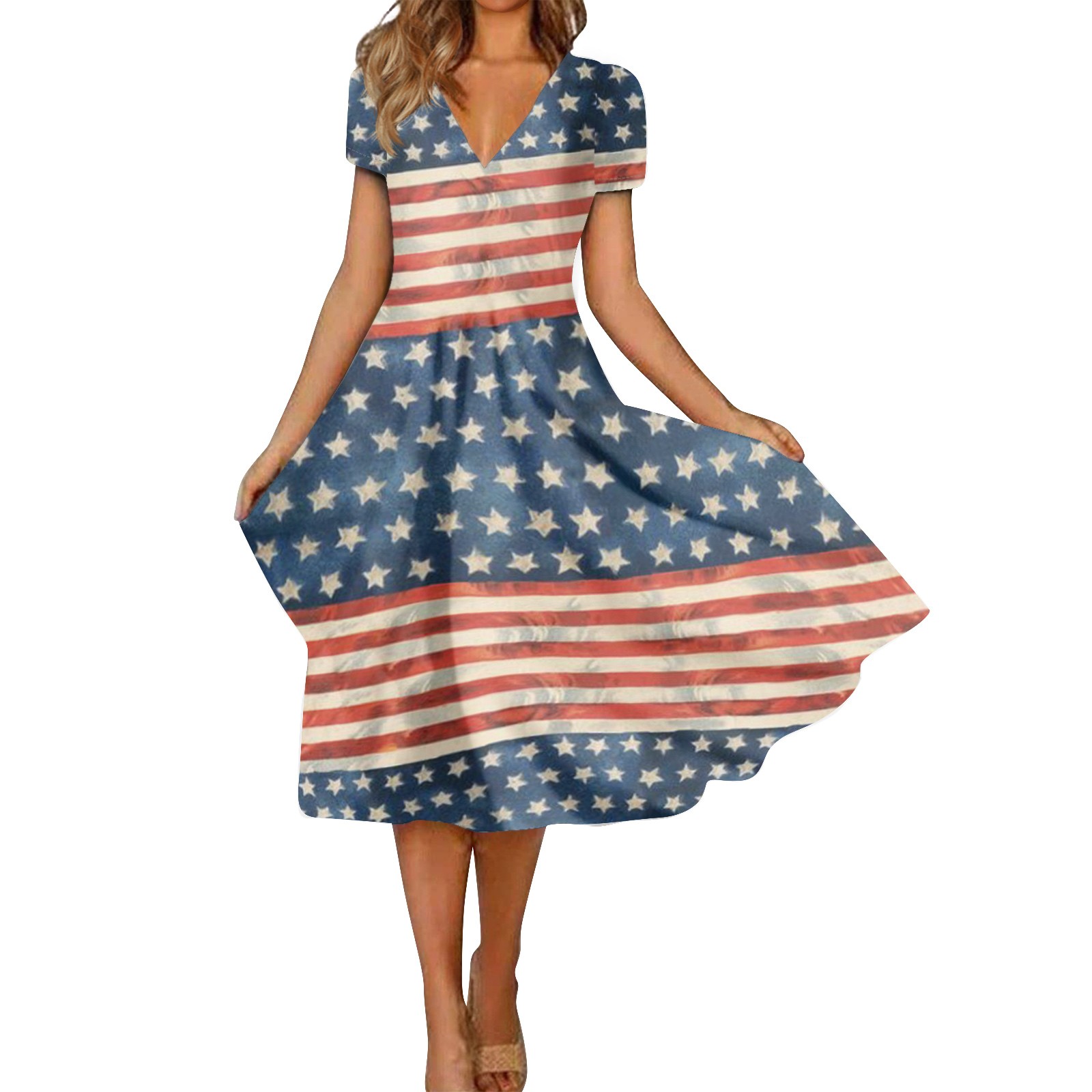 Knosfe 4th of July Dress for Women Casual Short Sleeve Patriotic V Neck