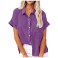 thumbnail image 1 of Knosfe Button Down Shirts Women 2024 Dressy Casual Blouses Short Sleeve Linen Collared T Shirts Loose Plain Tees Tshirt Purple S, 1 of 5