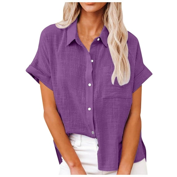 Knosfe Button Down Shirts Women 2024 Dressy Casual Blouses Short Sleeve Linen Collared T Shirts Loose Plain Tees Tshirt Purple S