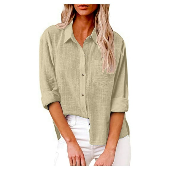Knosfe Button Down Shirts for Women Lapel Long Sleeve Cotton Linen Tops Causal Lightweight Comfy Fall Blouse Tees Beige S