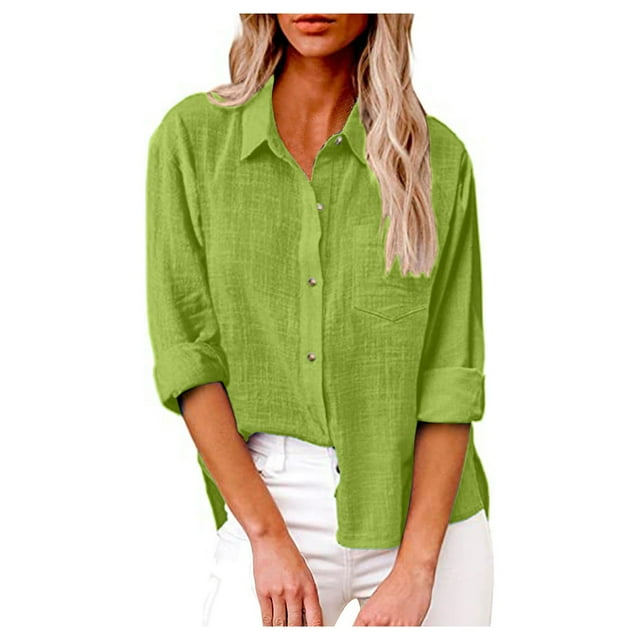 Knosfe Button Down Shirts for Women Lapel Long Sleeve Cotton Linen Tops Causal Lightweight Comfy Fall Blouse Tees Green L