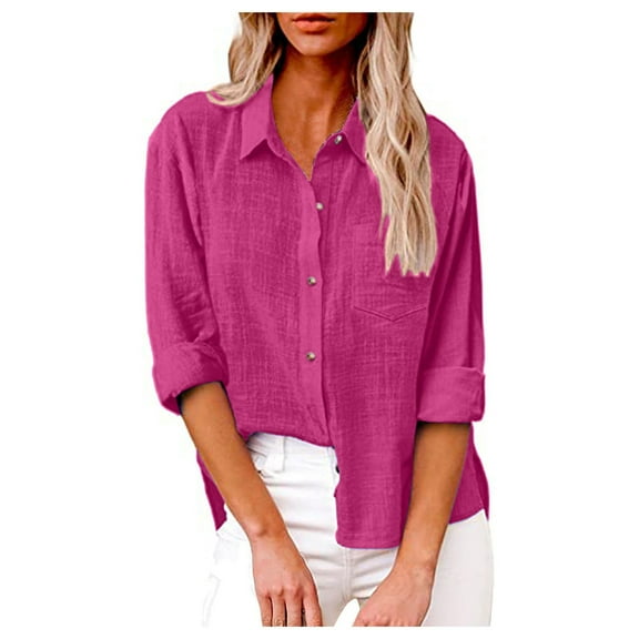 Knosfe Button Down Shirts for Women Lapel Long Sleeve Cotton Linen Tops Causal Lightweight Comfy Fall Blouse Tees Hot Pink S