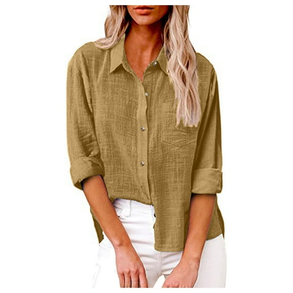 Knosfe Button Down Shirts for Women Lapel Long Sleeve Cotton Linen Tops Causal Lightweight Comfy Fall Blouse Tees Khaki S