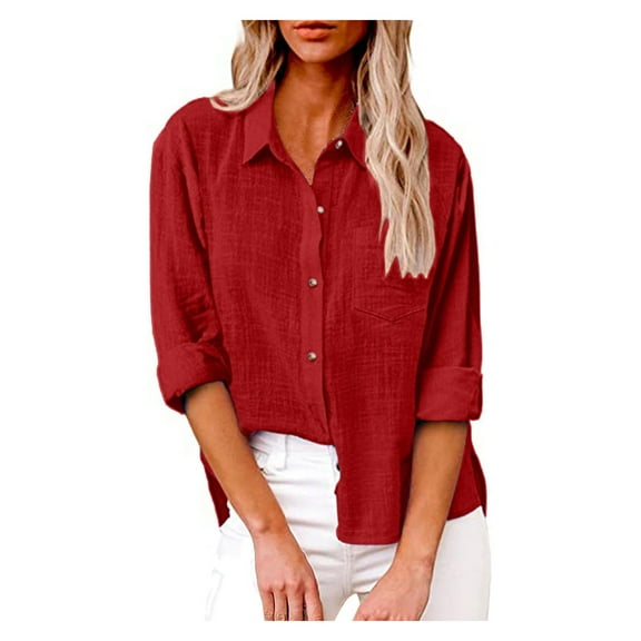 Knosfe Button Down Shirts for Women Lapel Long Sleeve Cotton Linen Tops Causal Lightweight Comfy Fall Blouse Tees Red 2XL