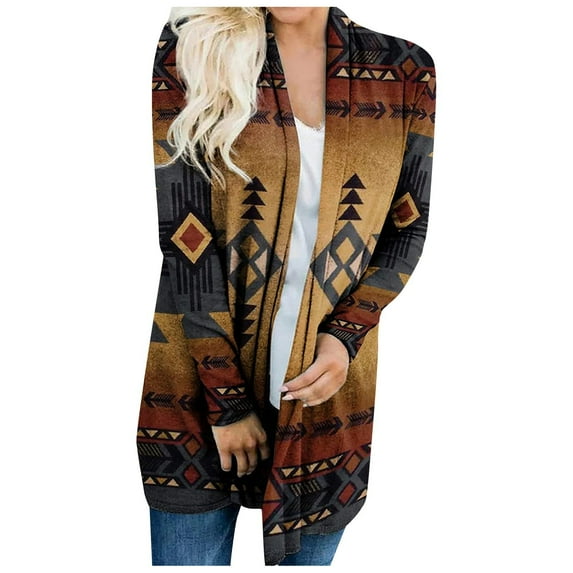Knosfe Cardigan for Women Plus Size Fall Western Long Sleeve Open Front Vintage Sweater Loose Aztec Casual Shirts for Women Ethnic Graphic Casual Lightweight Sweatshirt Coffee 3XL