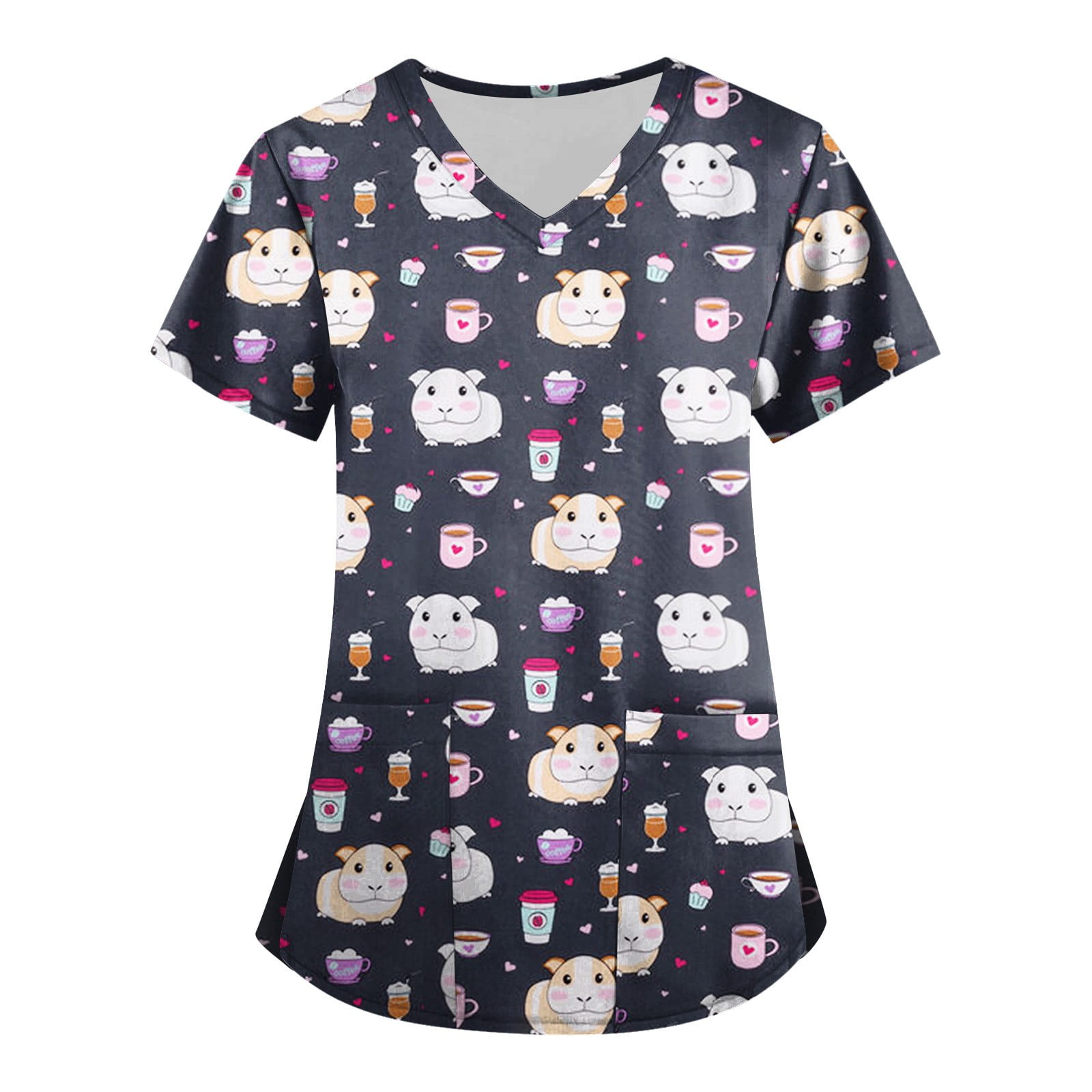 Knosfe Cartoon Pattern Nursing Printed Scrub Tops Uniform V Neck Womens