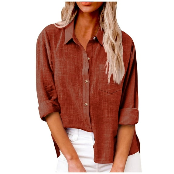 Knosfe Casual Womens Summer Tops Roll Up Long Sleeve Shirts for Women Dressy Casual Loose Cotton Linen Ladies Tunic Tops Button Down Dressy Tops for Ladies with Pocket Vermilion L