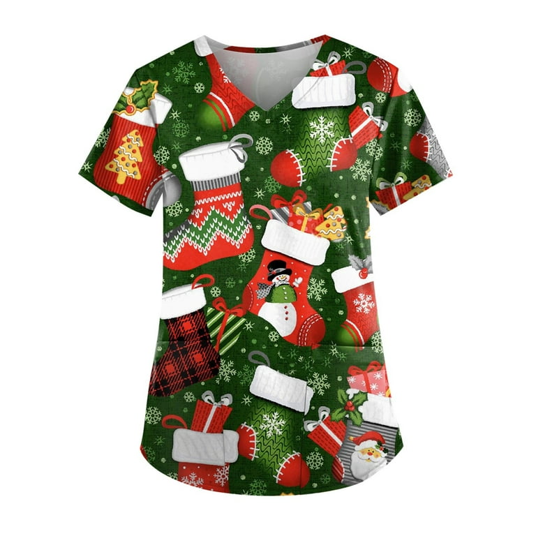 Knosfe Christmas Scrub Tops Women Petite V Neck Christmas Short Sleeve  Scrubs Tops for Women Nursing Uniform Workwear Medical Scrub Tops for Women  Clearance Plus Size with Two Pockets Dark Green L 
