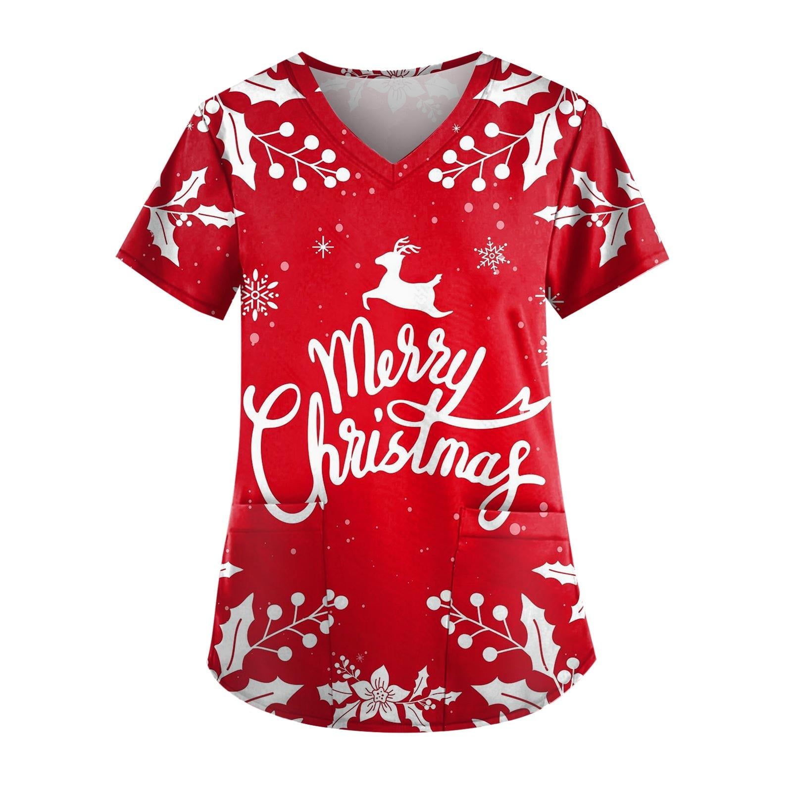 Knosfe Christmas Scrub Tops for Women Plus Size Reindeer V Neck Short
