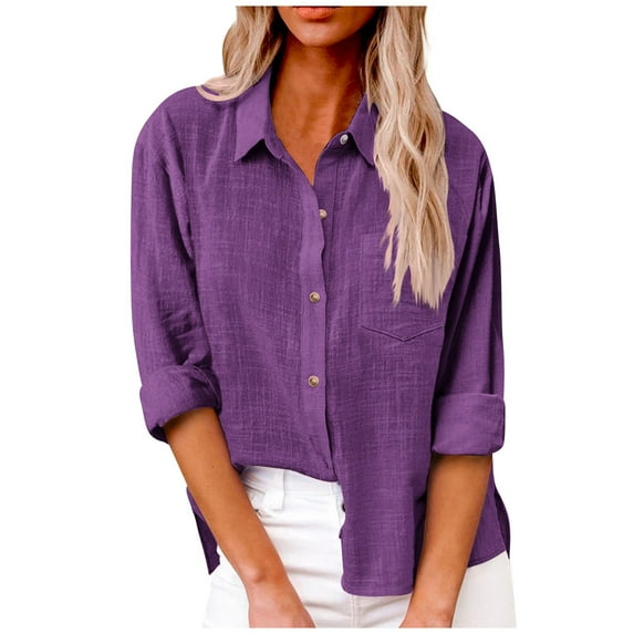 Knosfe Cute Womens Tops for Summer Long Sleeve Roll Up Womens Business Shirts and Blouses Cotton Linen Loose Tunic Shirts for Women Button Down Ladies Blouses and Tops for Work with Pocket Purple 5XL