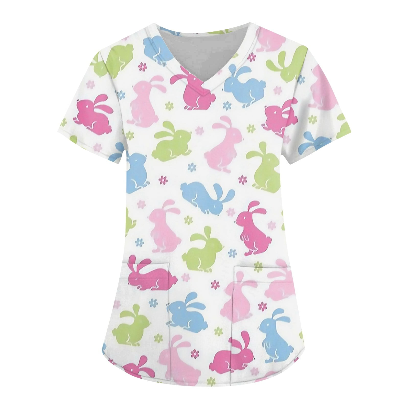 Knosfe Easter Scrub Top Bunny Rabbit V Neck Womens Easter Scrubs Easter
