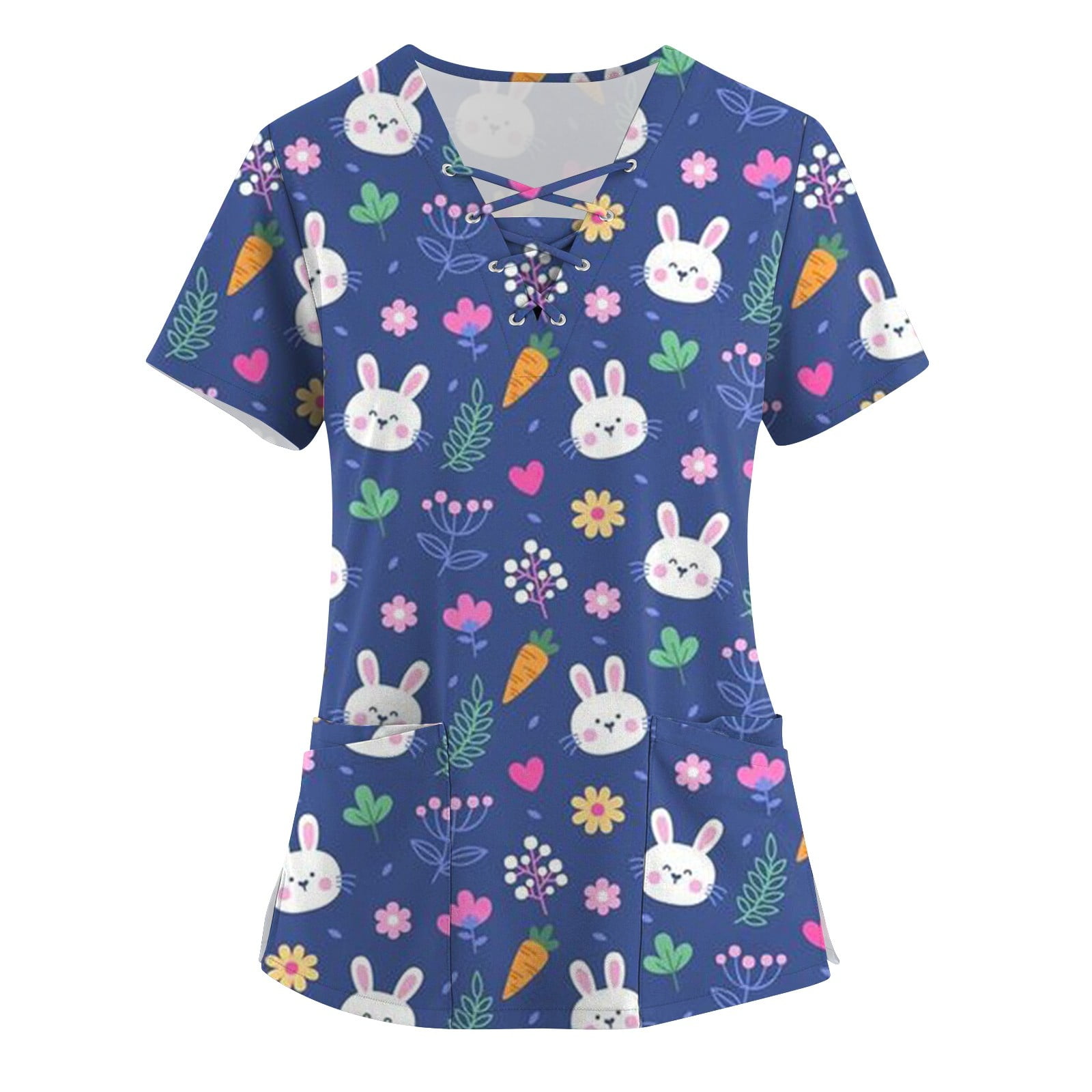 Knosfe Easter Scrub Top Easter Day Bunny V Neck Women Easter Scrubs