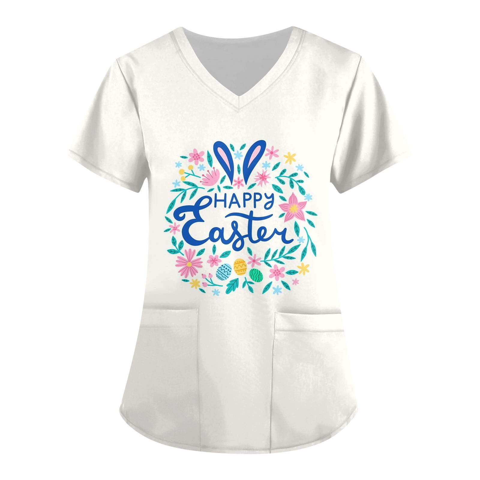 Knosfe Easter Scrub Top Women Bunny V Neck Egg Nursing Medical Scrubs