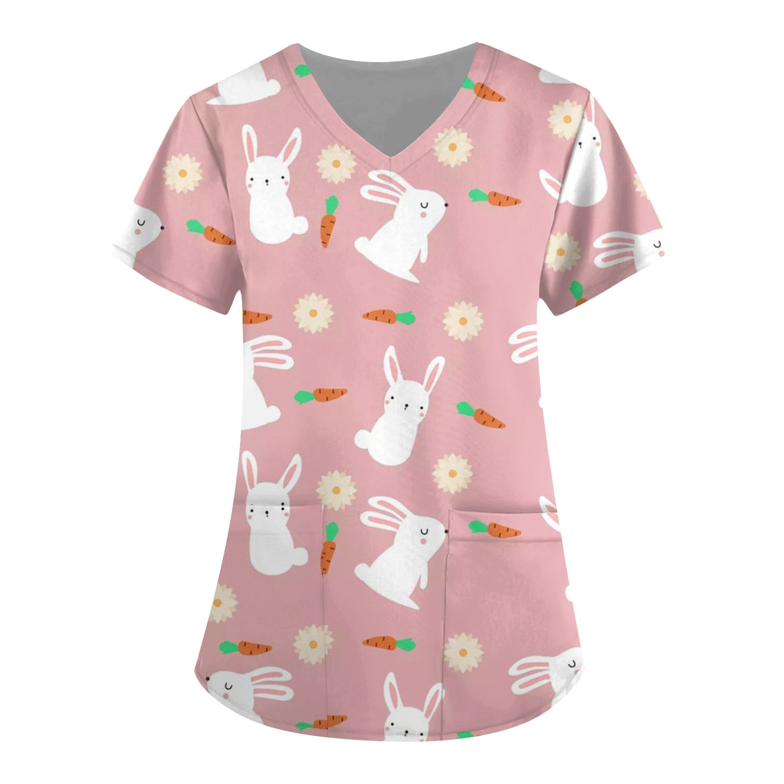 Knosfe Easter Scrub Top Women V Neck Bunny Workwear Short Sleeve Scrubs
