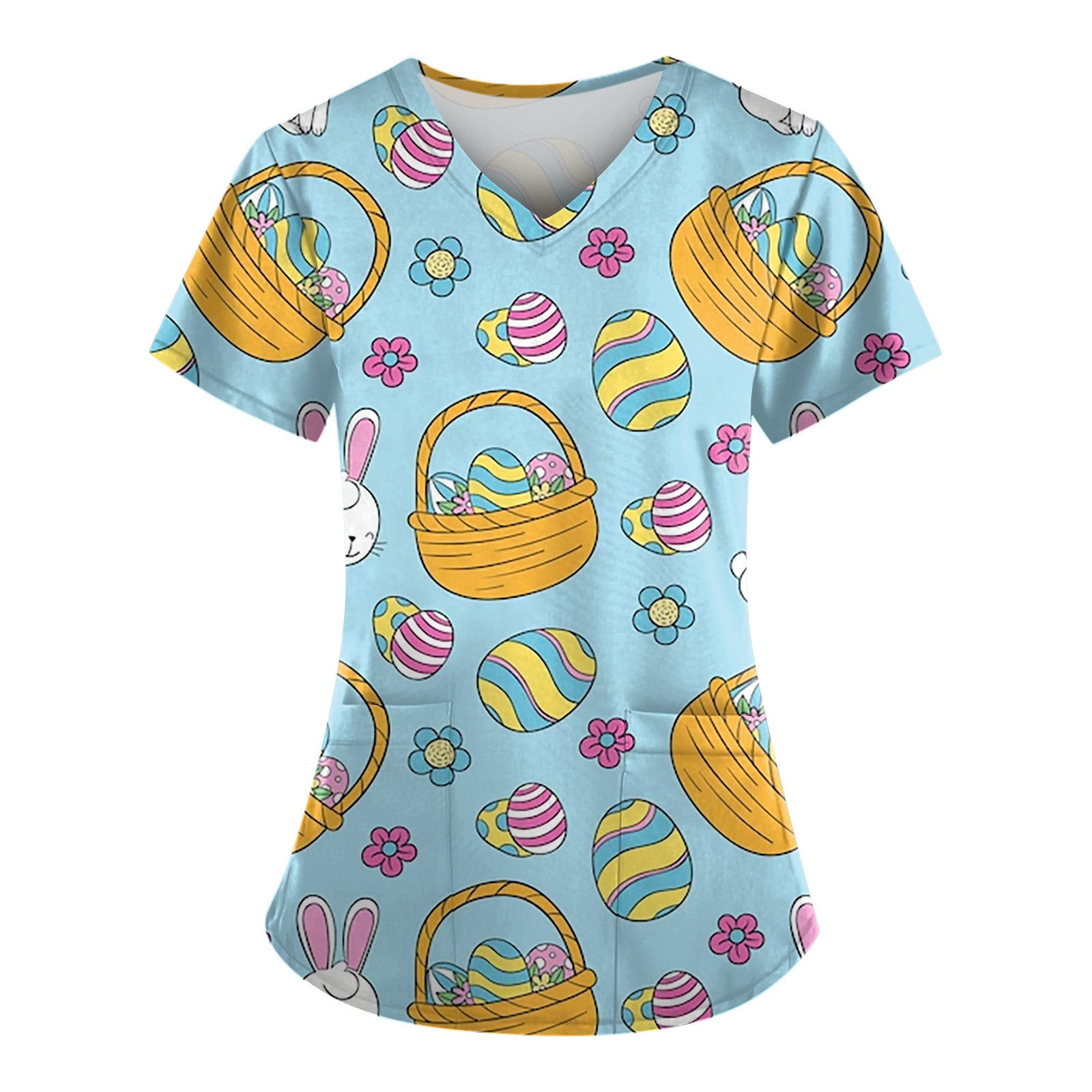 Knosfe Easter Scrub Tops Easter Day Bunny Short Sleeve Easter Scrubs