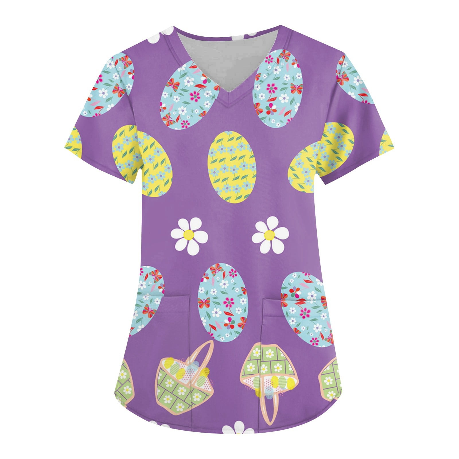 Knosfe Easter Scrub Tops Easter Day V Neck Egg Short Sleeve Womens