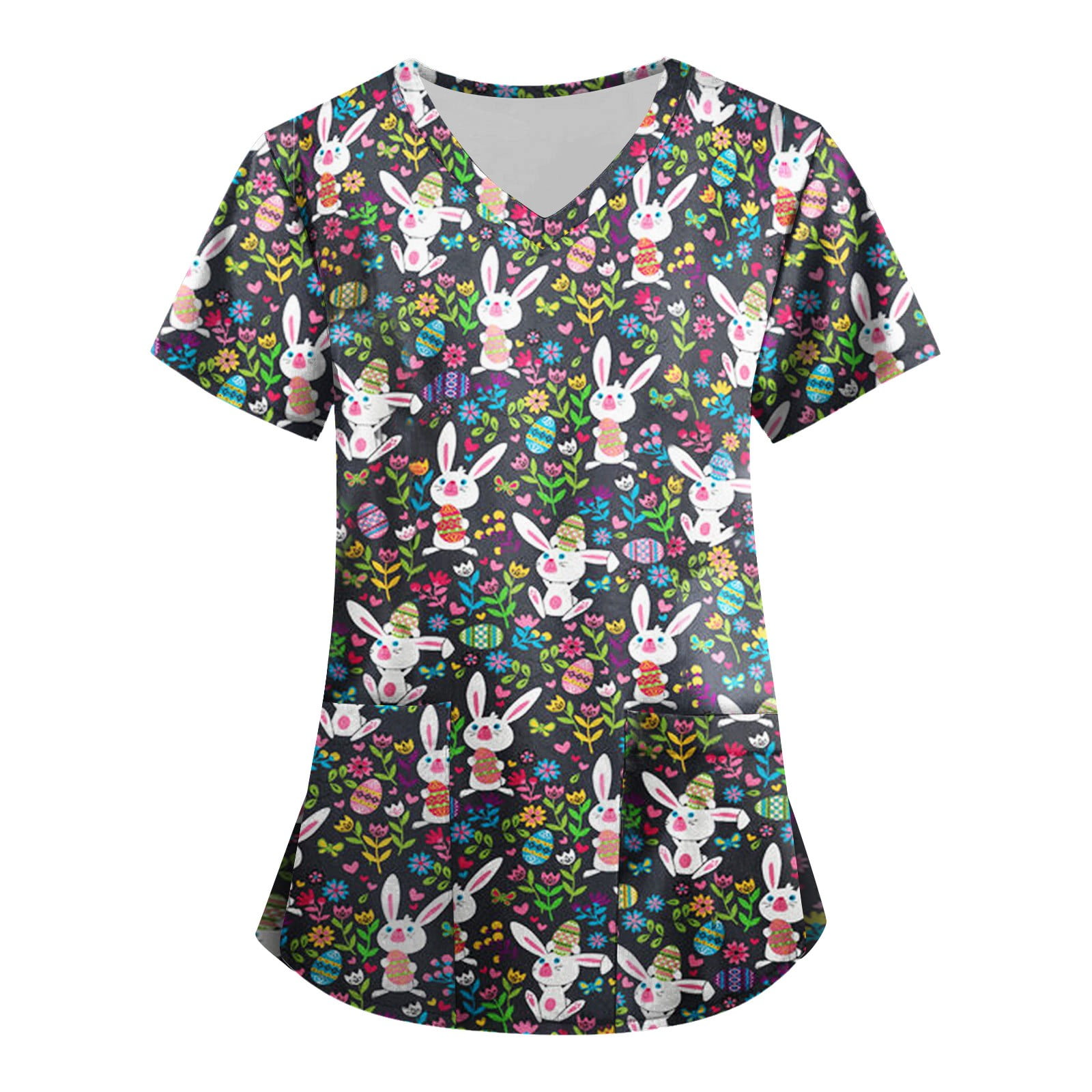 Knosfe Easter Scrub Tops Plus Size Short Sleeve Bunny Workwear V Neck