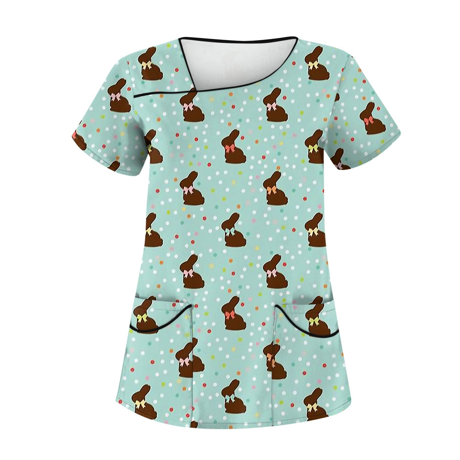 Knosfe Easter Scrub Tops Women Rabbit Short Sleeve Egg V Neck Easter