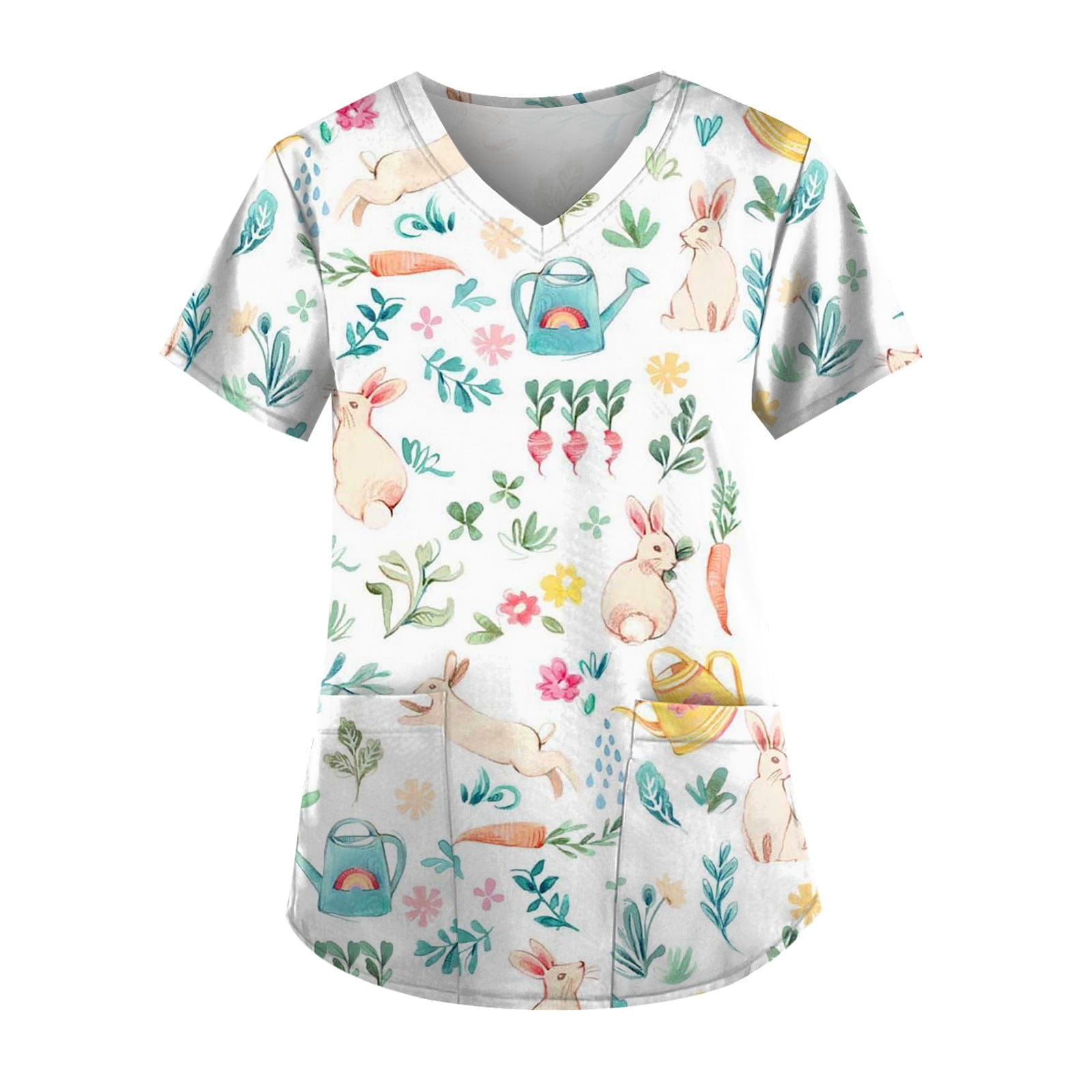 Knosfe Easter Scrub Tops for Women Rabbit V Neck Bunny Short Sleeve