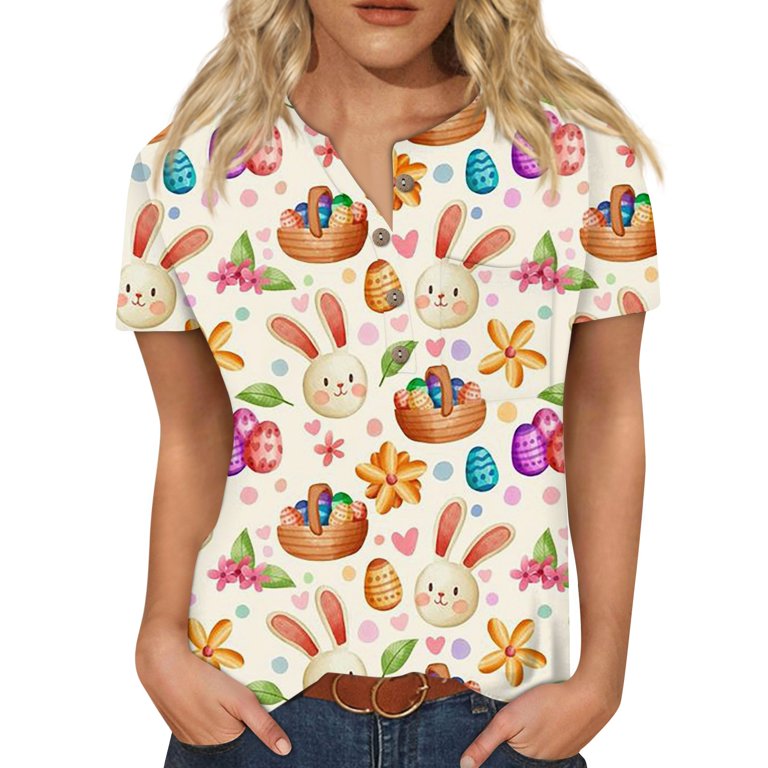 Knosfe Easter Shirts for Women 2024 Rabbit Egg Bunny Trendy Tops Button  Down Henley 3/4 Sleeve Dressy Cute T Shirts Complexion L 