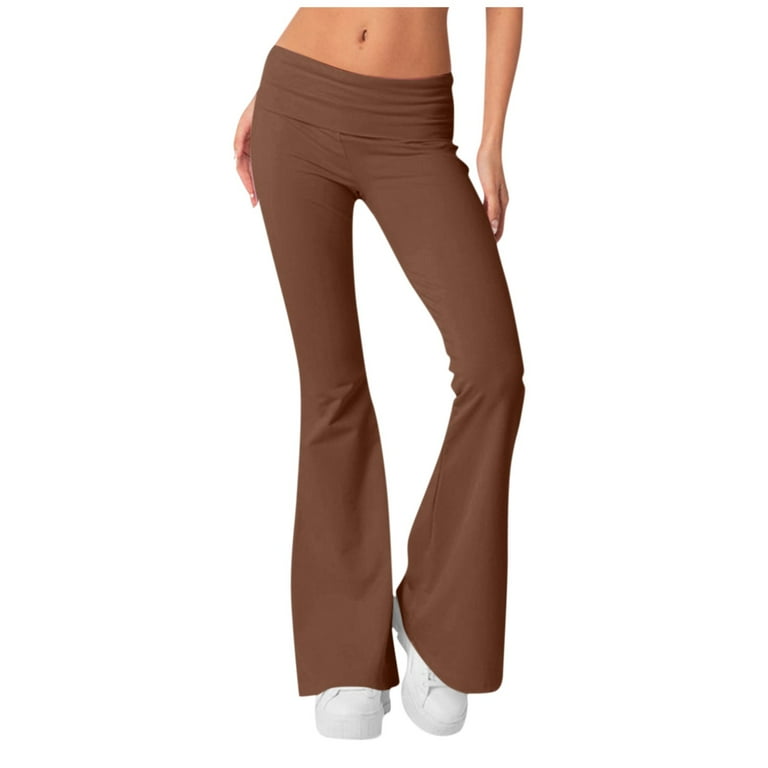 Knosfe Flared Pants for Women Bell Bottom Fold Over Workout Bootcut Fitness Yoga Pants Y2k Low Rise Gym Solid Color Running Leggings for Women Brown