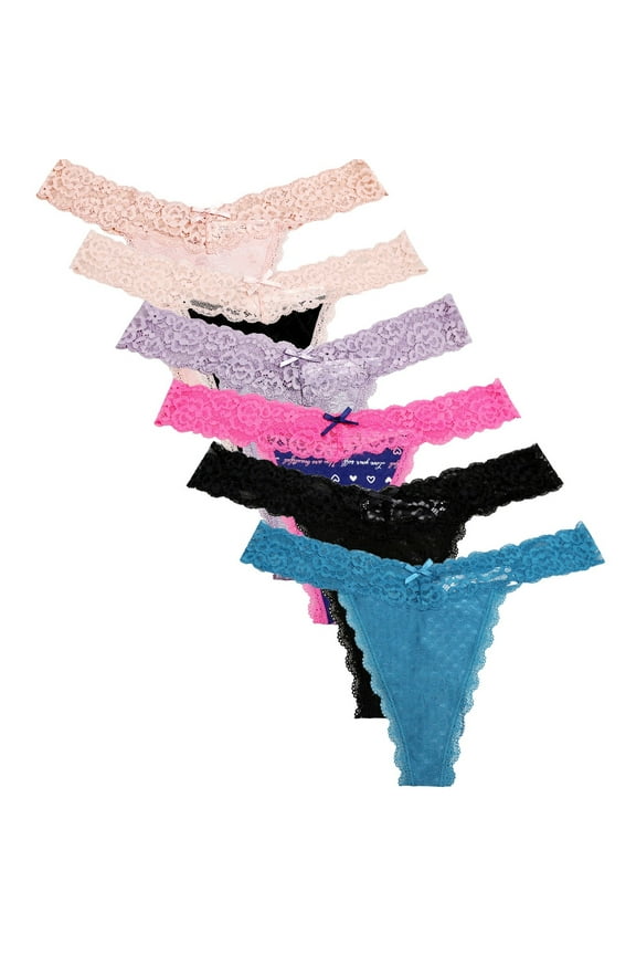 G String Thong Lace Soft Low Rise Seamless Stretch Cute Underwear for Women 6 Pack Blue 2XL