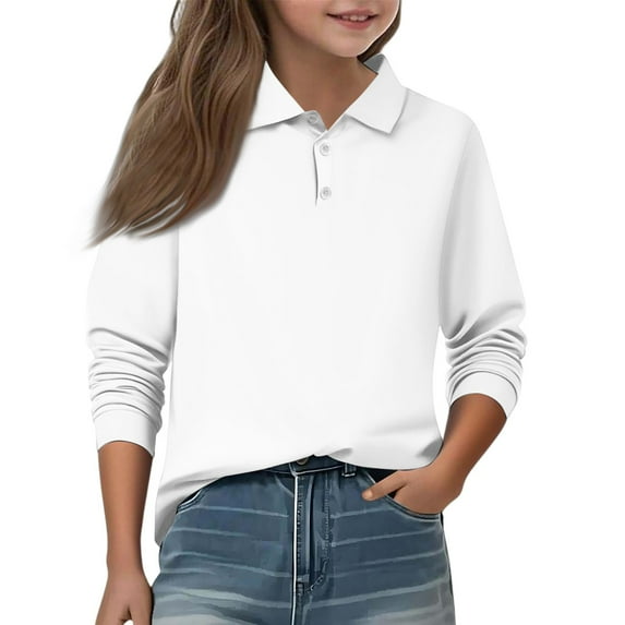 Knosfe Girls Back to School Uniform Classic Long Sleeve Polo Shirt Solid Color Soft Button Down Top for Kids White 120