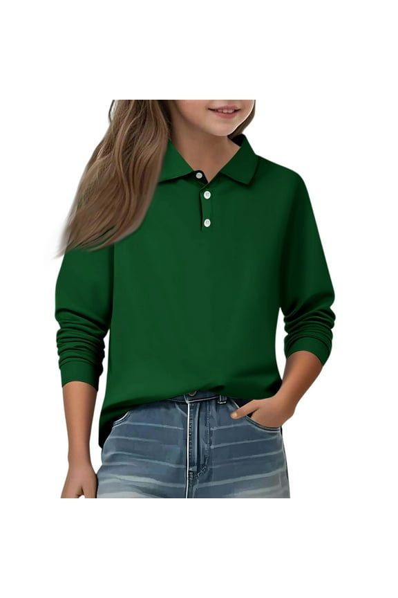 Knosfe Girls' Long Sleeve Polo Shirt Classic Solid Color Soft Top School Uniform Casual Wear for Kids Army Green 140
