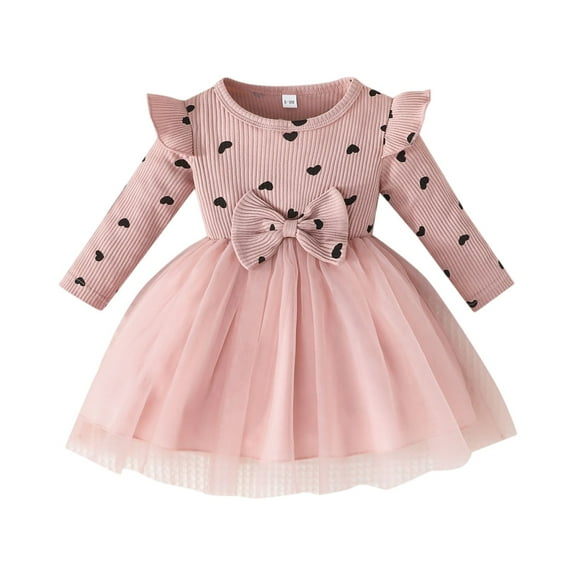 Knosfe Girls' Pink Rib Knit Dress with Black Heart Print, Long Sleeves, Oversized Bow & Flared Tulle Dress for Kids, Pink (6-9M)