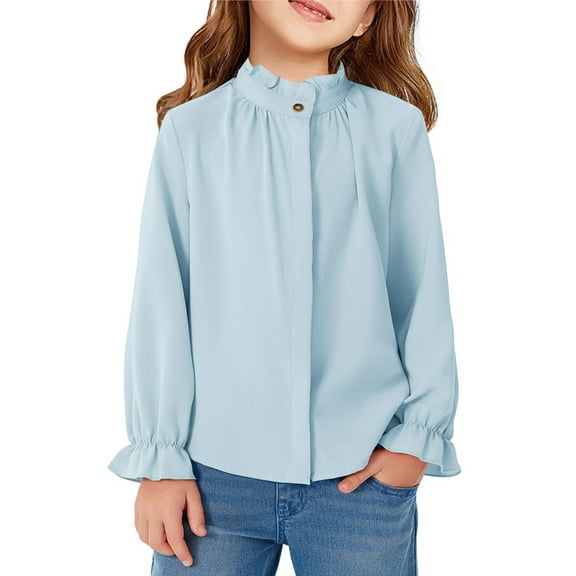 Knosfe Girls Stand Collar Ruffle Sleeve Blouses Kids Button Down Shirts Back to School Uniform Light Blue 150