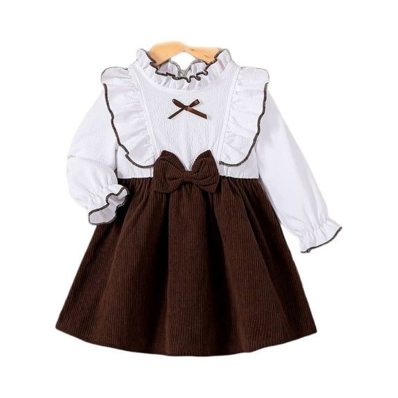 Knosfe Girls' White Brown Vintage Dress with Ruffled High Neck, Bishop Sleeves, Double Bowknots & Rib Knit Dresses, Brown (6-9M)