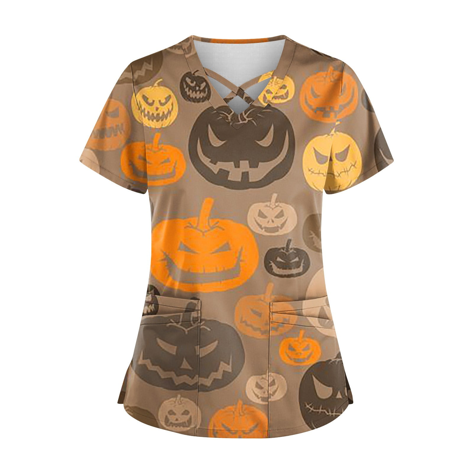 Knosfe Halloween Scrub Top V Neck Nurse Pumpkin Ghost Bat Short Sleeve
