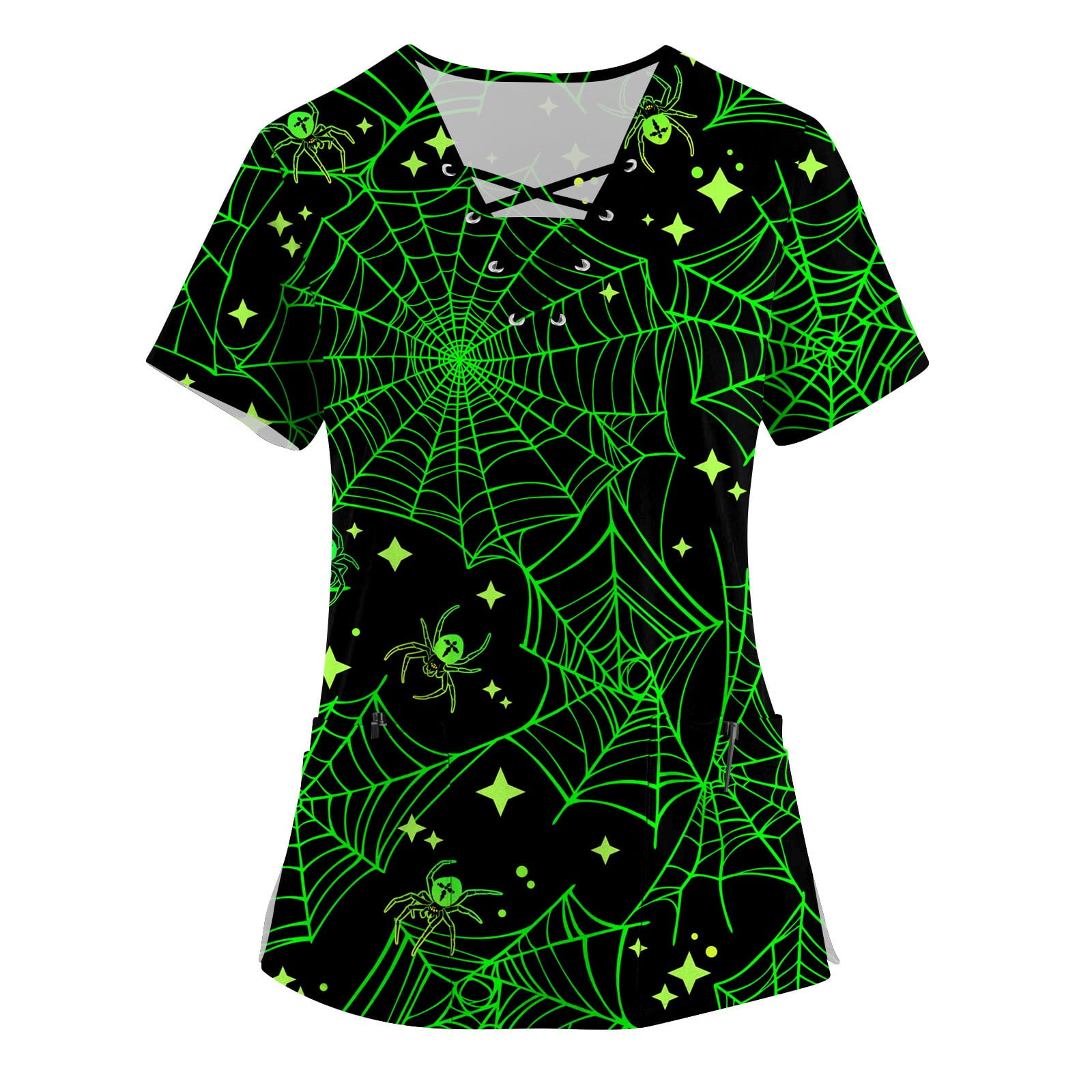Knosfe Halloween Scrub Tops Women Workwear Short Sleeve Pumpkin Ghost