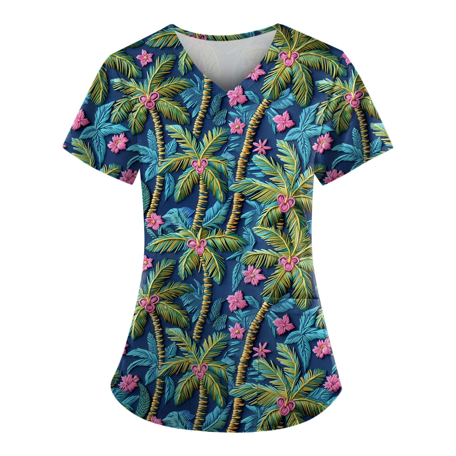 Knosfe Hawaiian Scrub Tops for Women Short Sleeve Summer Tropical