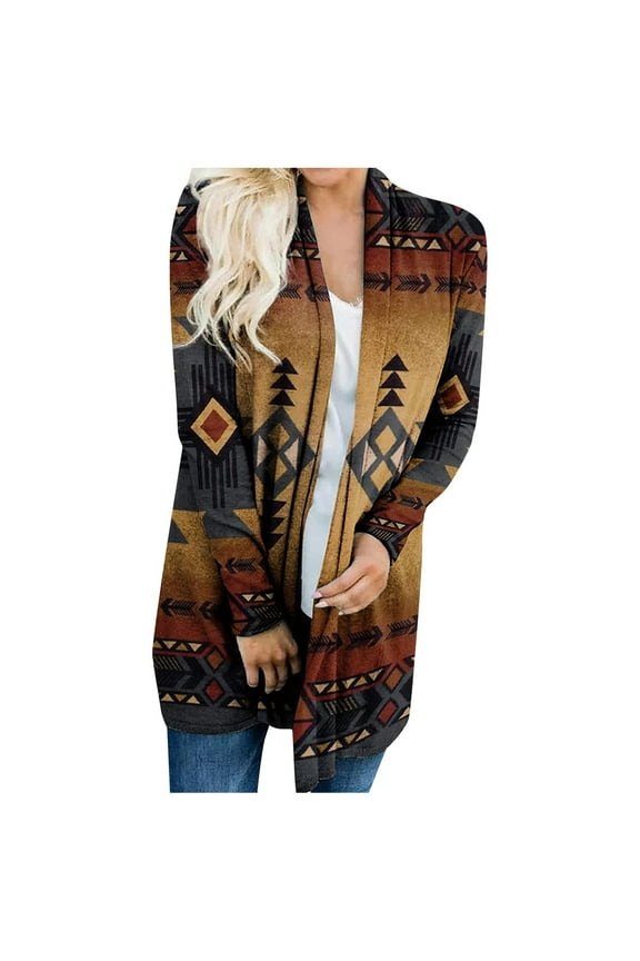 Ladies Cardigan Sweaters Fall Casual Western Aztec Sweater for Women Long Sleeve Ethnic Graphic Women Shirts Open Front Loose Ladies Sweatshirt Coffee 2XL