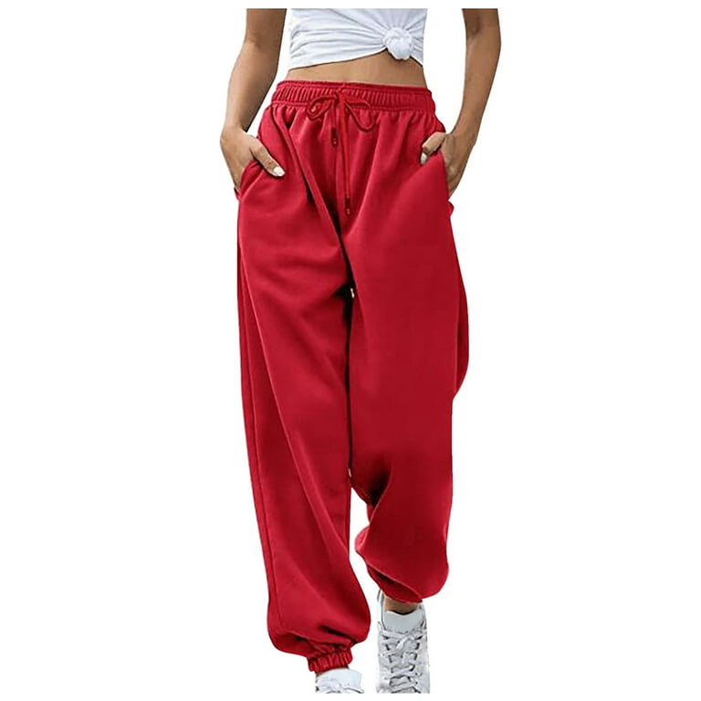 Knosfe Ladies Sweatpants Cinch Bottom Drawstring Cute Cute Sweatpants High  Waisted Winter with Pockets Tall Jogger Pants for Women Wide Leg Petite  Straight Leg Fashion Baggy Pants Teens Red 2XL 