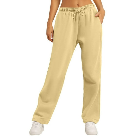 Knosfe Ladies Sweatpants Clearance Drawstring Fashion Cute Sweatpants Teens Wide Leg Casual High Waisted Trendy Women Joggers Straight Leg Cute with Pockets Y2k Baggy Pants Beige M
