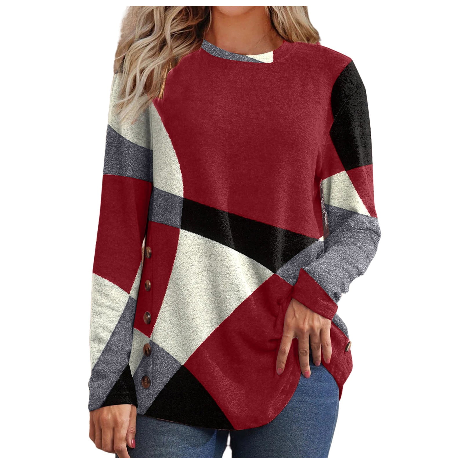 Knosfe Basic Tops to Wear with Leggings Boho Geometric Long Sleeve Ladies  Shirts Dressy Loose Trendy Fall Tunic Tops Business Casual Women's Blouse