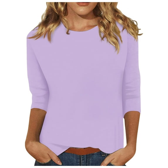 Knosfe Ladies Tops and Blouses Short and 3/4 Sleeve Loose Shirts for Women Tshirts on Crew Neck Solid Color Fitted Shirt Women Half Sleeve Tops for Women Plus Size Light Purple 3XL